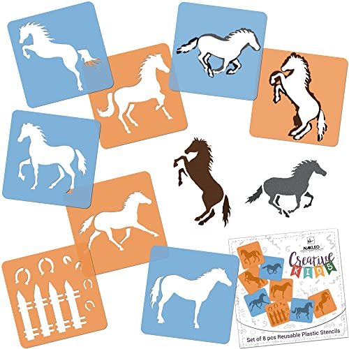 NAKLEO Painting Stencils for Kids, 8 Pcs Set 6x6” Horses, Children Creative Drawing Templates Plastic and Reusable, DIY Decoration Arts and Crafts, Paper Wall Wood Fabric - color: HORSES