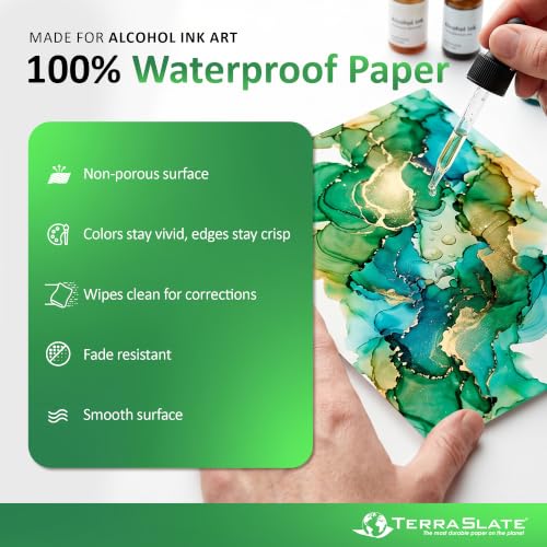 TerraSlate Paper | 8 Mil 5” x 7” Alcohol Ink Paper | Waterproof & Non-Porous Alcohol Ink Drawing Paper | Wipeable Alcohol Ink Craft Paper | White Paper for Vibrant Colors, 25 Sheets