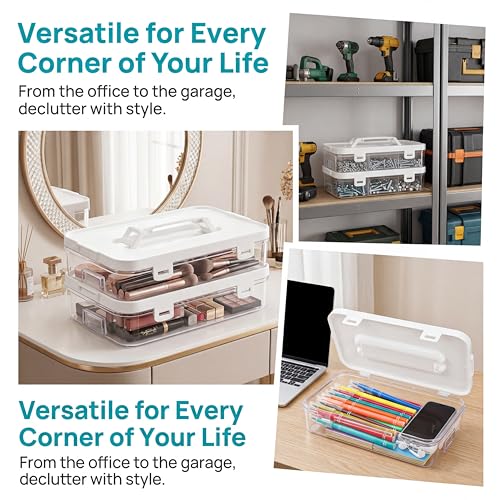 2 Pack Plastic Craft Storage Box with Lid, Clear Stackable Pencil Case, Portable Art Supply Organizer with Handle, Small Carrying Crayon Container for Sewing Ornament Nail Polish Tape