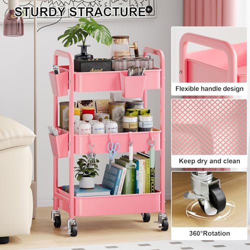 3 Tier Rolling Cart with Wheels, Metal Utility Storage Cart on Wheels, Craft Carts Organizer with Hanging Cups, Hooks, Three Tiered Rolling Carts for Bathroom, Laundry Room, Nursery, Office, Pink - color: Pink