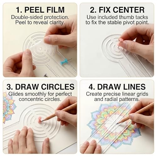 3-in-1 Mandala Ruler Tool with Holes, 3 Size Mandala Dot Art Circle Maker, Compass Protractor Straight Dotting Ruler for DIY Drawing Stencil Mandala Pattern Design