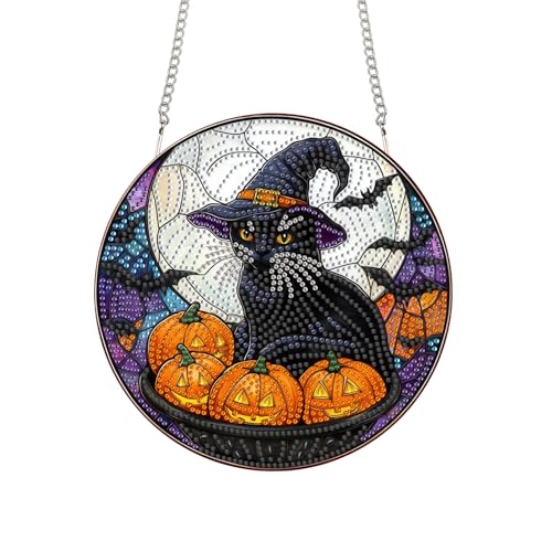 Bimkole Cats Hanging Diamond Pearl Art Kits for Adults Pendant C69 | DIY 5D Special Crystal Diamond Painting Halloween Window Suncatcher, Acrylic Pearl Art Autumn Winter Wall Decor 7.8x7.8 Inch - color: Cat Halloween