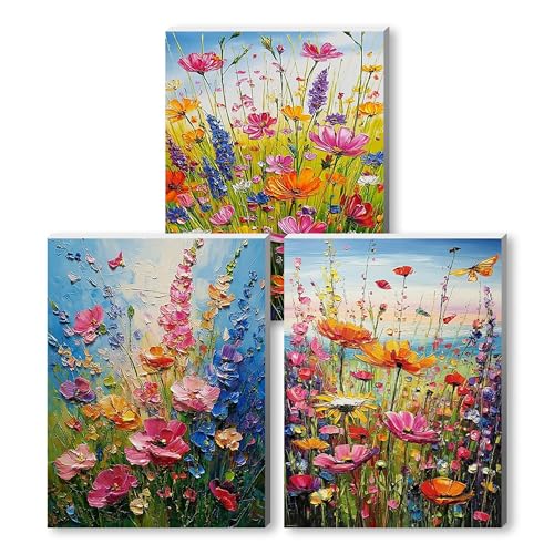 Jiqinsiye 3 Pcs DIY Flower Paint by Numbers for Adults,Wooden Framed Painting by Number Kits on Canvas,Acrylic Color by Numbers for Adult Beginner,Gifts Decor for Home Wall Room (Flower) - color: flower