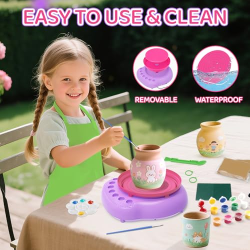 Pottery Wheel for Kids, Complete Kit with Air-Dry Clay, Ages 8-12 | Beginner pottery kit with air-dry clay, 12 paints, clay tools and apron - no kiln needed, screen-free craft gift ages 8-12 - color: Pink