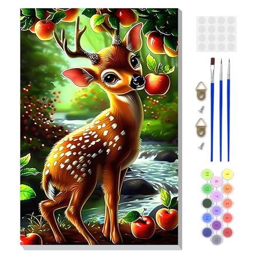 DOMROM Framed Paint by Numbers Kit for Adults, Cute Fawn DIY Paint by Number Kits on Canvas, Easy Animal Painting by Numbers for Home Wall Decor Gift 8x12 Inch - color: PK040