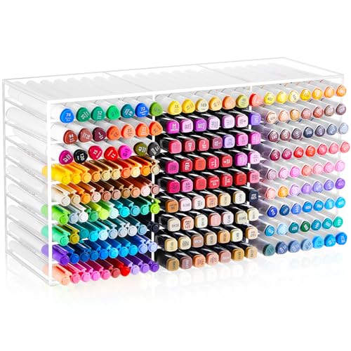 MotiMind Acrylic Marker Organizer for 189 Marker, Large Art Pencil Holder Storage Rack for Desk, Pens Art Brushes Display Stand with 27 Compartments for Desktop, Office (clear, 189 Capacity) - size: 189 Capacity