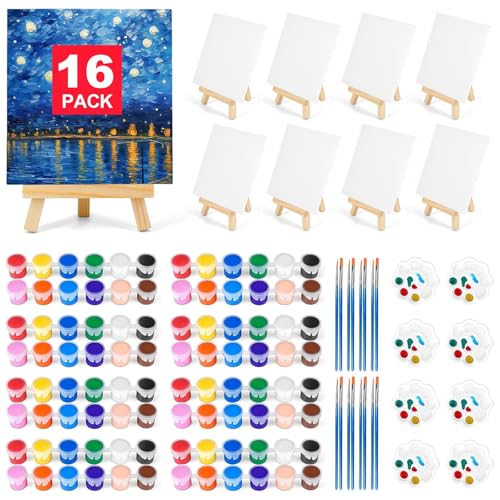 16 Pack 8 * 10In Canvas Boards for Painting, Art Canvas for Drawing with 32 Brushes & 16 Paint Trays & 32 Acrylic Paint, Mini Painting Canvas with Easel Set, Painting Kits for Adults Party - style: Pack of 16