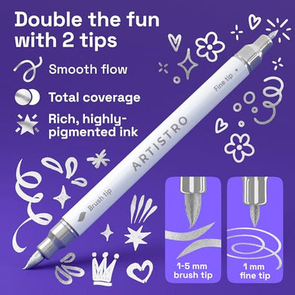 ARTISTRO 5 Silver Dual-Tip Acrylic Paint Marker Pens for Drawing | For Fabric, Rock, Glass, Wood, & Molds, Arts & Crafts Gift for Adults, Teens, & Kids, Classroom Must Haves & School Supplies