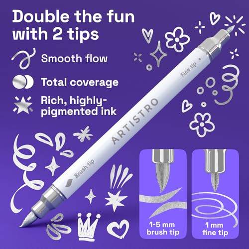 ARTISTRO 5 Silver Dual-Tip Acrylic Paint Marker Pens for Drawing | For Fabric, Rock, Glass, Wood, & Molds, Arts & Crafts Gift for Adults, Teens, & Kids, Classroom Must Haves & School Supplies