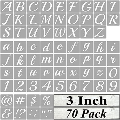3 Inch Alphabet Letter Stencils for Painting - 70 Pack Letter and Number Stencil Templates with Signs for Painting on Wood, Reusable Cursive Letters Stencils for Chalkboard Wood Signs & Wall Art - size: 3 Inch