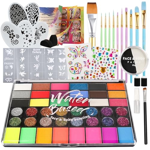 Pintada 42 Color Face Painting Kit for Kids - Non Toxic Water Based Face Paint Palette With Black and White Face Paint, Stencils, Brush, Gems. For Carnival, Halloween, Costume Makeup - color: 42 Colors + 30g Black and White Paint