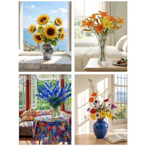 Lanzeyo Diamond Art Kits for Adults - 4 Pack Cozy Flower Vase Diamond Painting Kits, Sunflower Lily Window Still Life Gem Art Crafts, Beginner Friendly 5D DIY Full Drill for Home Wall Decor 12"x16" - color: 07 Vase