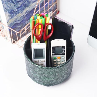 Round Leather Art Supply Organizer,Remote Control Holder,360 Degree Spinning,Multi-Functional Pencil Holder,4 Compartments Desktop Stationary Organizer(1-Carved Metal Green1) - color: 1-Carved Metal Green1