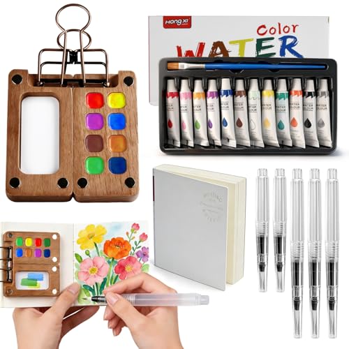 Mini Watercolor Paint Set, Pocket Watercolor Kit, Travel Watercolor Set with 12 Vibrant Colors, 5 Brushes, 1 Sketchbook & Palette – Portable Outdoor Painting Kit for Artists and Painting Lovers