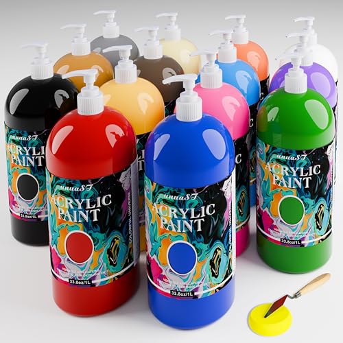 Acrylic Paint Sets for Adults 33.8oz/1000ml, 14 Color Large Bulk Paints kits, 1/4 Gallon Rich Pigment Art Painting Supplies for Artists/Beginners, Acrylic Paint Sets for Canvas with Pump, Color Wheel - size: 33.8 Fl Oz (Pack of 14)
