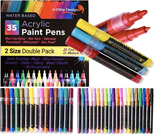ArtShip Design 35 Premium Acrylic Paint Pens, Double Pack of Both Extra Fine and Medium Tip, for Rock Painting, Mug, Ceramic, Glass, and Fabric Painting, Water Based Non-Toxic and No Odor - color: Multicolor