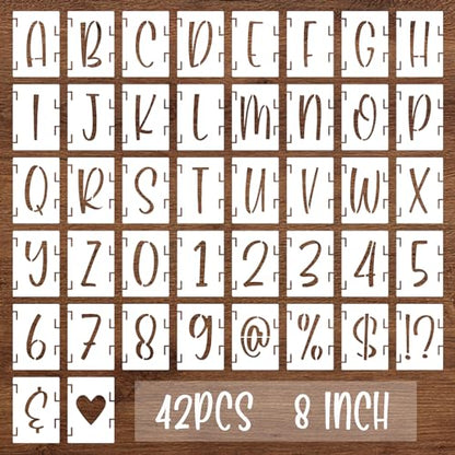 BAMIDELE 8 Inch Alphabet Letter Numbers Stencils, 42 Pcs Reusable Plastic Letters Symbol Interlocking Drawing Template Kit for Painting on Wood, Fabric, Rock, Chalkboard, Door Porch, Wall, Signage - size: 8 Inch