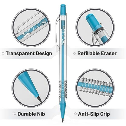 Mr. Pen- Pastel Mechanical Pencil Set, 5 Mechanical Pencils (0.3, 0.5, 0.7 | 0.9, 2.0mm), 5 HB Lead Refills & 10 Eraser Refills, Precision Drawing Pencils for Sketching, Writing & Technical Artwork - color: Clear Barrel