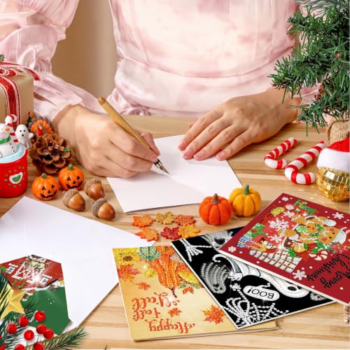 Saillong 12 Pack Fall Diamond Painting Greeting Cards Kits DIY Holiday Diamond Art Cards with Envelopes Halloween Christmas 5D Rhinestones Painting Making Kit for Adult DIY Crafts Party Favors Gifts - color: Holiday
