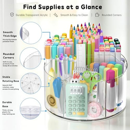 SUPEASY Acrylic Rotating Pencil Holder, 360° Clear Pen & Marker Organizer | Crayon Art Supply Organizer with 6 Compartments and Carry Handle for Desk, Home, Office, Classroom