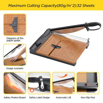 12'' Wood Guillotine Paper Cutter, Heavy Duty Wood Base Paper Trimmer with 32 Sheets Capacity Paper Cutting Board for Classroom, Crafting, Cardstock, Art Projects | 32 Sheets Capacity, Wood Base Paper Cutting Board for Classroom, Crafting, Cardstock, Teac