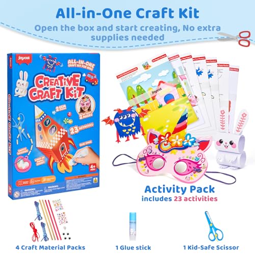 JoyCat Zero-Prep Craft Kit for Kids Ages 4-8, 23-Project Craft Box | All-in-one craft box includes 23 projects, safety scissors, diamond art and an LED light-up 3D craft for creative play.