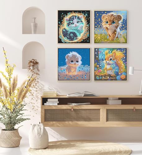 AIBOERL 4 Pack Diamond Art Kits for Adults,Animals Kids Diamond Painting | Round Drill Cartoon Animals Diamond Painting for Beginners DIY Rhinestone 5D Diamond dots(Gemstone Craft)Wall Art Gift 8x8IN - color: DP02982