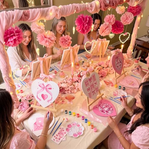 Motipuns 12 Set Pre Drawn Canvas for Painting for Adults Sip and Paint Kit with Easels 8 x 10 Inches Paint Party Kit with Printed Canvas Paints Brushes Palette Bag Apron (Pink Bow) - style: Pink Bow