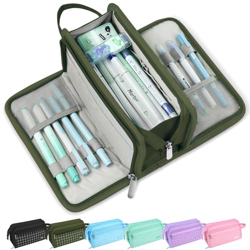 Sooez Pencil Case, Pencil Pouch, Pencil Bag, Pencil Box, Army Green & Plaid | Ample Storage, Durable Canvas, Smooth Zippers, Portable Handle, Cute Stationery Organizer, Makeup Bag, School Supplies, Boys - color: Army Green with Plaid