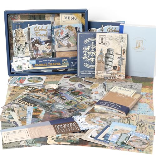 Auguro World Travel Scrapbook Kit A6 Grid Notebook Stationery Junk Journal Kit Scrapbooking Supplies Kit Craft DIY Gift for Adult Teen Girl - color: black