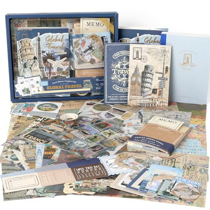Auguro World Travel Scrapbook Kit A6 Grid Notebook Stationery Junk Journal Kit Scrapbooking Supplies Kit Craft DIY Gift for Adult Teen Girl - color: black