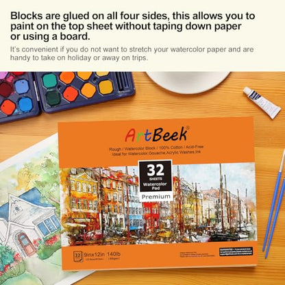 ArtBeek Watercolor Paper Block,9" x 12" Watercolor Block 32 Sheets 100% Cotton Rough 140lb/300GSM - size: 9X12 Rough
