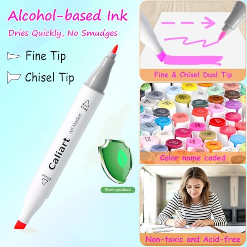 Caliart Alcohol Markers 100 Colors Dual Tip Fine & Chisel Art Markers Pens | Permanent Alcohol Based Sketch Markers Set with Case for Artists, Adults Coloring Books, Drawing Illustration (White Barrel) - color: White, size: 1 Count (Pack of 100)