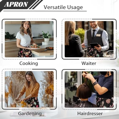 Waist Apron with 3 Pockets Waterproof 13 Inch Short Half Waist Aprons Women Men Server Aprons Waitress Waiter Apron - color: Christmas Deer