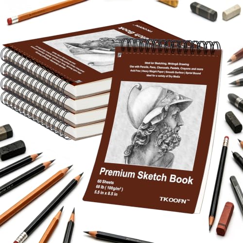 TKOOFN 5 Pack 5.5" x 8.5" SketchBooks Bulk,Top Spiral Bound Sketchbook | 60 Sheet Each,300 Sheets total,68lb/100gsm thick,Acid-Free,Portable Travel Drawing Paper Pad for Adult Kids Artists Beginners - color: 5 Pack, size: 5.5" x 8.5"