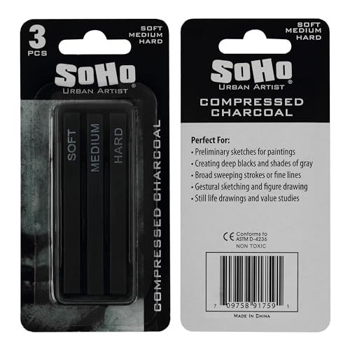 SoHo Urban Artist Compressed Charcoal Sticks, Assorted Pack of 3 - Soft, Medium, and Hard - for Charcoal Drawing and Charcoal Art, Perfect for Artists, Students & Professionals - size: 3 Pack, style: Assorted