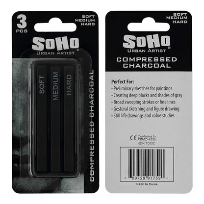 SoHo Urban Artist Compressed Charcoal Sticks, Assorted Pack of 3 - Soft, Medium, and Hard - for Charcoal Drawing and Charcoal Art, Perfect for Artists, Students & Professionals - size: 3 Pack, style: Assorted