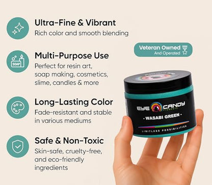 Eye Candy Pigments Premium Green Mica Powder - Wasabi Green (50gr) - for Epoxy, Resin, Soap, Paint, Woodworking, Acrylic Pouring, Bath Bombs, Fishing Lures - DIY Arts and Crafts Additive - color: Wasabi Green