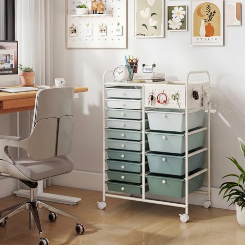Giantex 14 Drawer Storage Cart, Rolling Craft Cart with Metal Tabletop & Pegboard, Mobile Utility Organizer Trolley with Locking Wheels, Home Office, Green Gradient - color: Green Gradient, size: 14 Drawer-25"x14.5"x34.5"
