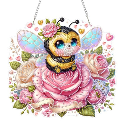 Eiflow Acrylic Diamond Art Hanging Kit for Adults, DIY Diamonds Painting Door Hanging Board Kit, Special Crystal Diamond Art Painting Pendant Ornament (Valentine Bee) - color: Rose Bee