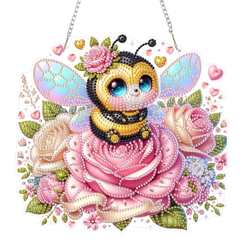Eiflow Acrylic Diamond Art Hanging Kit for Adults, DIY Diamonds Painting Door Hanging Board Kit, Special Crystal Diamond Art Painting Pendant Ornament (Valentine Bee) - color: Rose Bee