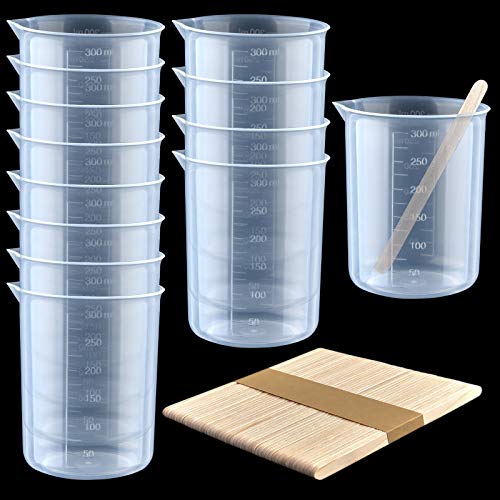 Coopay 12 Pack 300ml/10.1oz Plastic Beakers Epoxy Mixing Cups, Plastic Graduated Cups Clear Multipurpose Measuring Cups with 50 Pack Wooden Stirring Sticks for Resin, Epoxy, Stain, Mixing Paint - size: 300ml