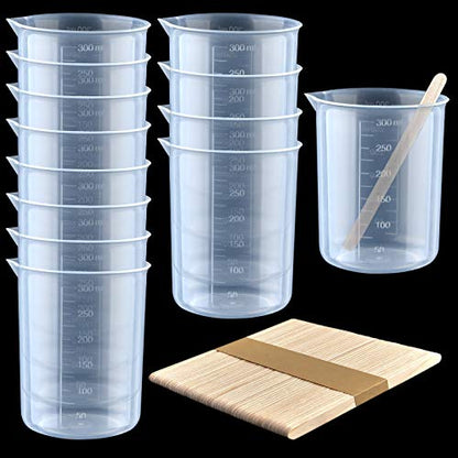 Coopay 12 Pack 300ml/10.1oz Plastic Beakers Epoxy Mixing Cups, Plastic Graduated Cups Clear Multipurpose Measuring Cups with 50 Pack Wooden Stirring Sticks for Resin, Epoxy, Stain, Mixing Paint - size: 300ml