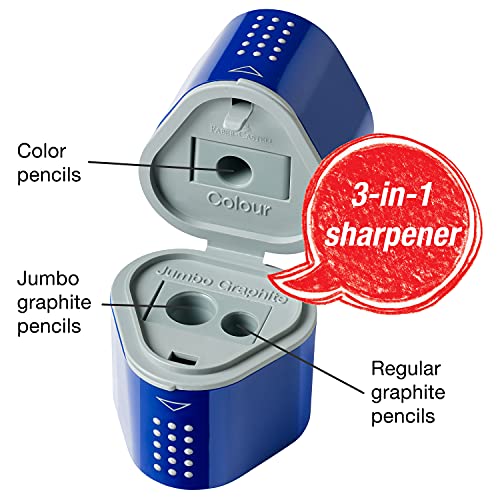 Faber-Castell Grip Trio Manual Pencil Sharpener (Red or Blue) - Graphite, Jumbo and Colored Pencil Sharpener