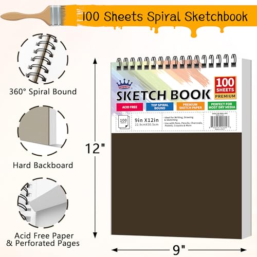 WINNER 9" x 12" Sketch Book 4 Pack, 400 Sheets Spiral Bound Art Sketchbook, 68lb/100gsm White Acid Free Drawing Pad, Sketching Drawing Writing Sketch Pad for Kids, Adults & Artists, Art Supplies - color: Brown, size: 9"x12"