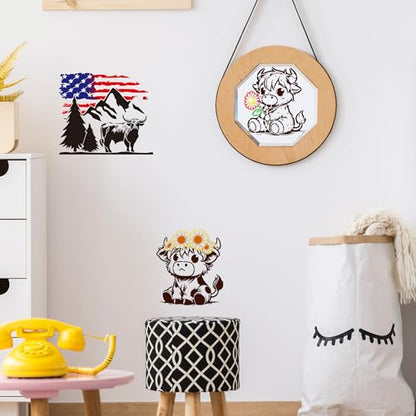Keluna 12 Pcs Reusable Cow Farmhouse Stencils for Painting - Large Flower Cow Paint Stencils, Animal Template for Crafts on Wood Canvas Furniture - style: cow with flag