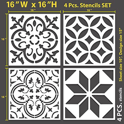 / 4 pcs. 16 x 16 Inches/Tile Stencil Set, Reusable Tile Stencils Set for Painting, Furniture, Floor/Household Paint Wall Stencils (16x16 inches) - size: 16x16 inches