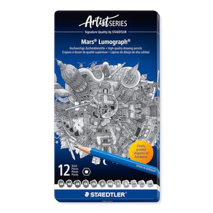STAEDTLER Mars Lumograph Art Drawing Pencils (12-Pack) - Sustainable, Break-Resistant Graphite, Metal Case | Sustainable, Break-Resistant Graphite, Metal Case - style: Tin of 12