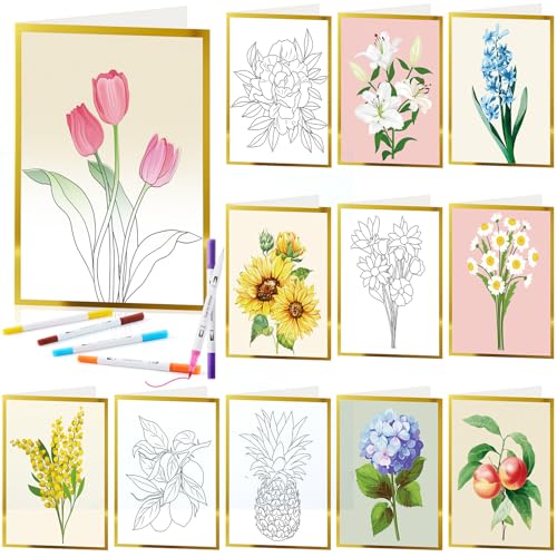 Motiskyy 24 Pack Watercolor Painted Flowers Greeting Cards to Paint Set for Teachers Students Thank You Notes DIY Card Customizable Teens with Envelopes 24 Marker Pens Gold Foil Blank Gift Cards