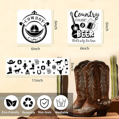 AFRITEE Western Cowboy Stencils for Painting - 20 Pieces Small Landscape Longhorn Skull Reusable Stencils for Painting on Wood, Country Music Beer Drawing Template DIY Home Wood Fence Rock Decoration - style: Western Cowboy